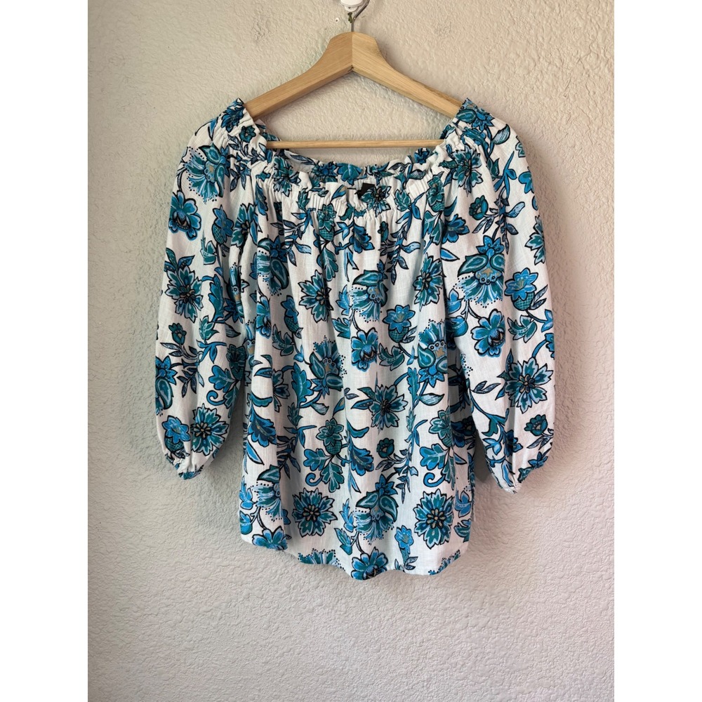 Ann Taylor Factory Floral Off Shoulder Blouse Blue White Linen Blend Small